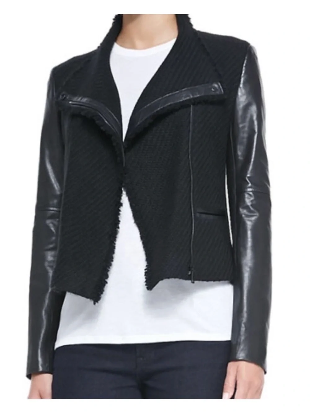 VINCE Black Lamb Leather Wool Boucle Tweed Cropped Moto Jacket. Size XS.